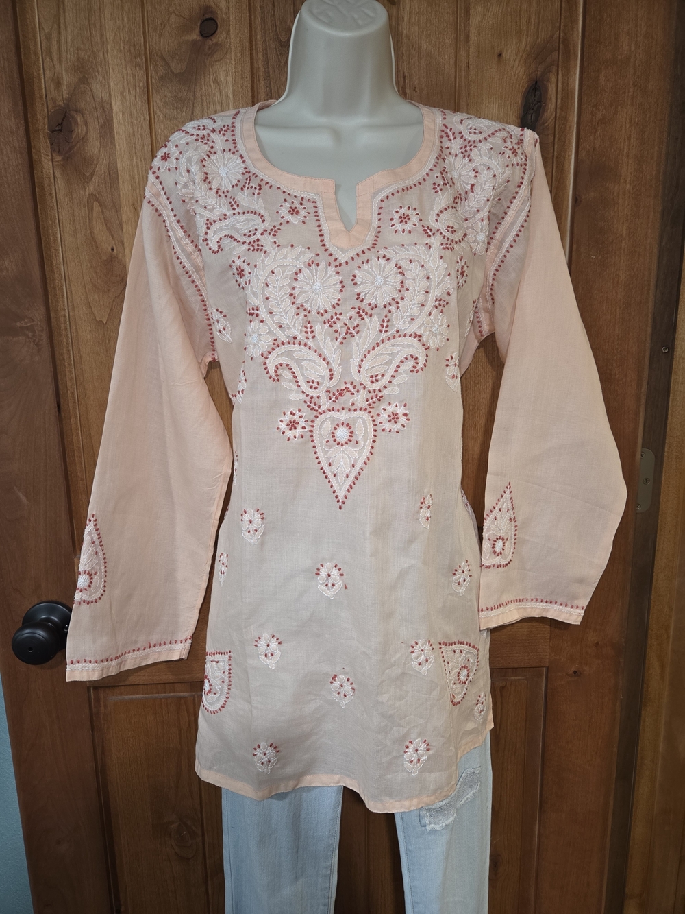 Embroidered‎ Peach Cotton Tunic Top - Handmade